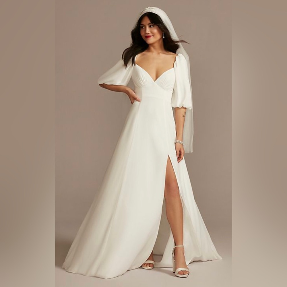 David’s Bridal bubble sleeve georgette v-neck wedding dress